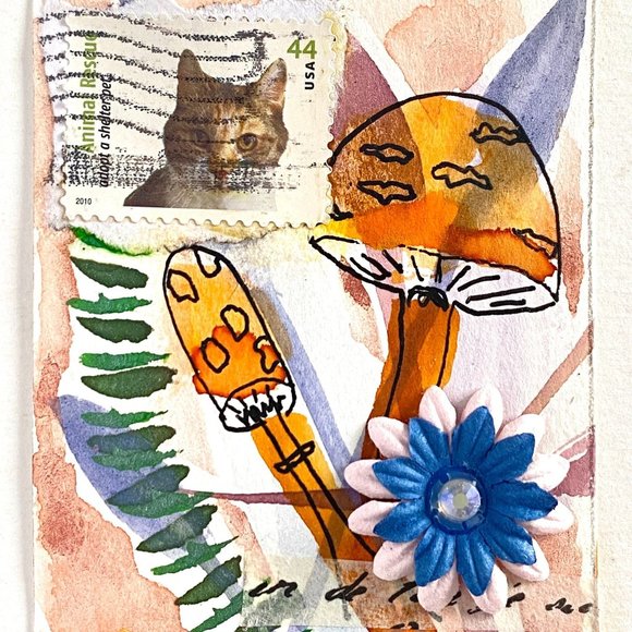 ACEO Original Watercolor Painting Mushrooms 2010 Kitty Cat Animal Rescue USA ATC - Picture 1 of 4